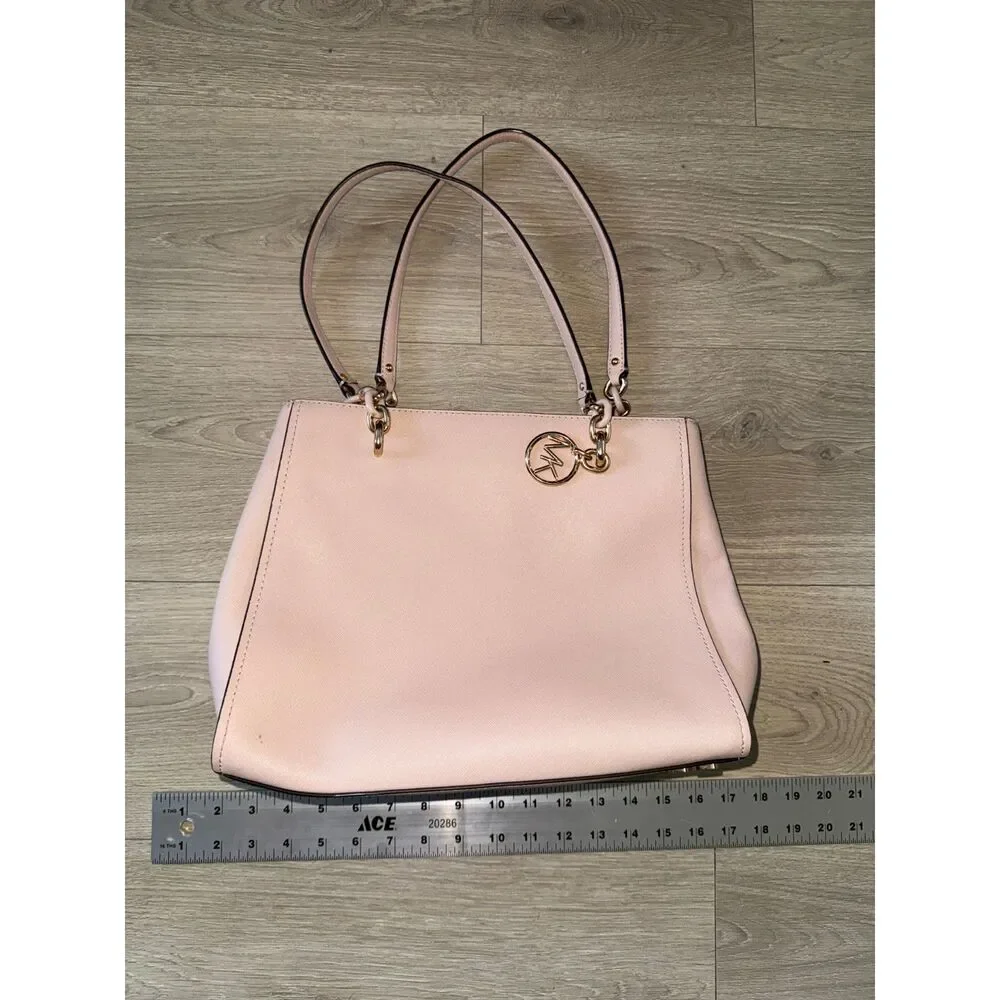 Michael Kors Blush Pink Saffiano Structured Tote Satchel MK Charm Gold Tone